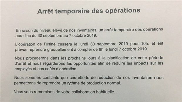 Un cinquième arrêt temporaire des opérations à l'usine F.F. Soucy