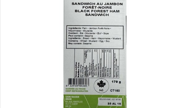 Rappel du sandwich au jambon forêt-noire de marque Cuisine Fraicheur Urbaine