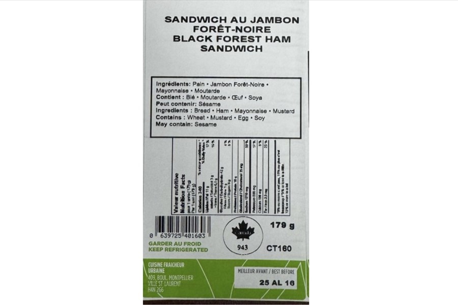 Rappel du sandwich au jambon forêt-noire de marque Cuisine Fraicheur Urbaine
